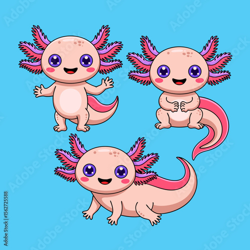 Axolotl vector with three cute cartoon axolotls playing, perfect for childrens books, educational materials, or wildlifethemed designs.