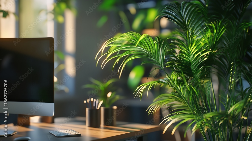 Fototapeta premium Modern office space with computer plants and natural light for productivity and well being design ideas