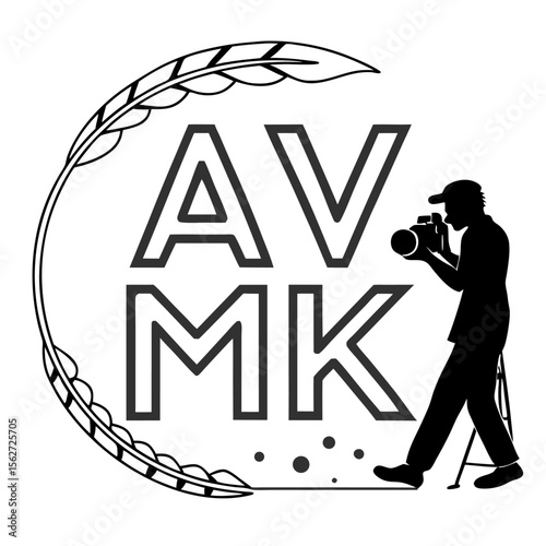Photography Monogram Logo “AVMK” with Laurel and Tripod Silhouette, A bold monogram logo featuring the initials “AVMK” in uppercase letters, flanked by a laurel branch on one side and a silhouette of 