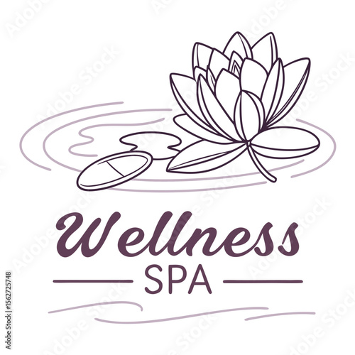 Lotus and Lily Pad Wellness Logo with Decorative Font, An elegant wellness spa logo featuring a blooming lotus flower atop gentle water ripples, flanked by lily pads, with "Wellness SPA" in a flowing 