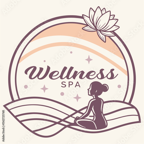 Meditating Person with Lotus Flower and Stars in Circular Wellness Emblem, A calming spa logo featuring a meditative figure beneath a blooming lotus, surrounded by gentle stars and curving lines — sym