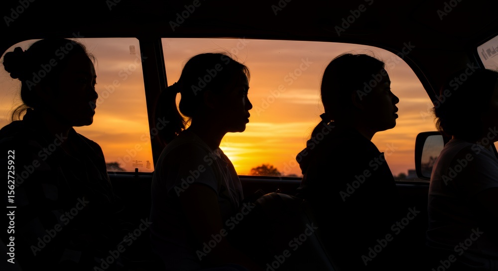 Silhouetted women gaze out a car window at a vibrant sunset, their profiles framed against the fiery sky. Silhouetted women gaze out a car window at a vibrant sunset, their profiles framed against the fiery sky.