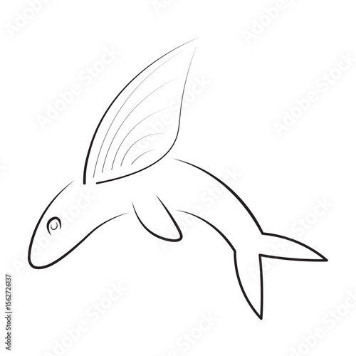Editable stroke outline of a flying fish drawn in a minimalist style with fine lines. The fish is illustrated in side profile with extended pectoral fins resembling wings.