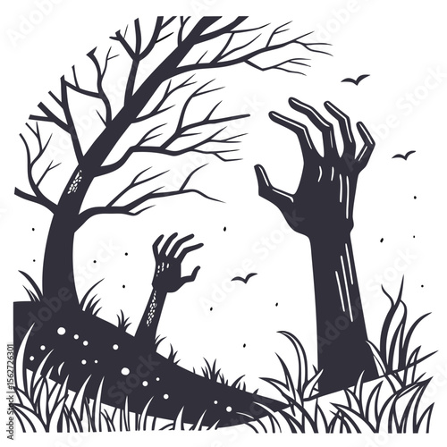 A spooky scene with two skeletal hands emerging from the ground, surrounded by tall grass. A barren, twisted tree looms in the background, and a few birds are flying in the sky.
