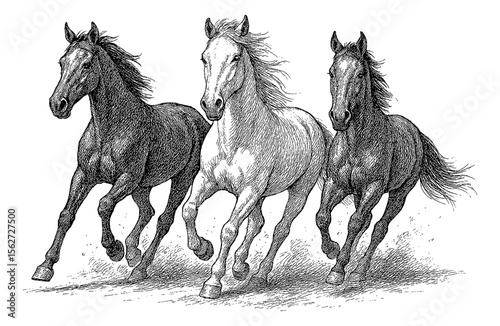 Three Horses Running Together in Detailed Black and White Engraving Style