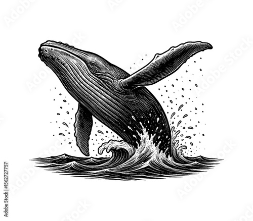 Engraved illustration of a whale jumping out of the water in black and white detailed