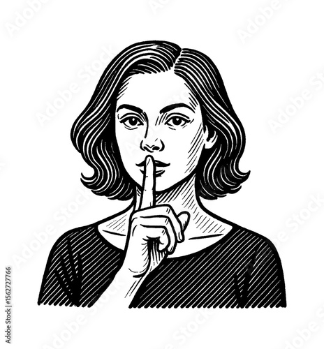 Woman Gesturing Silence with Finger on Lips in Black and White Illustration