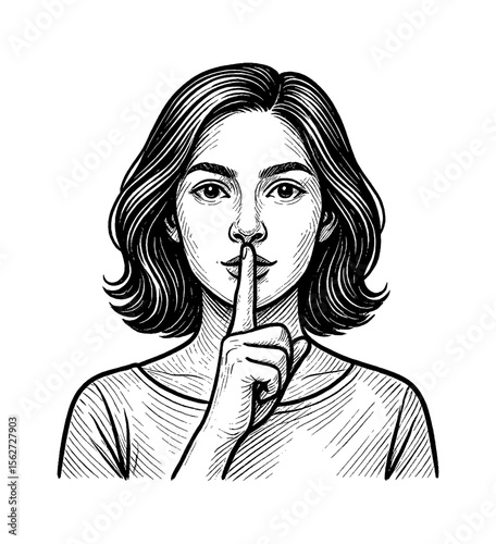 Young Woman with Finger on Lips Asking for Silence in Detailed Black and White Line Art Drawing