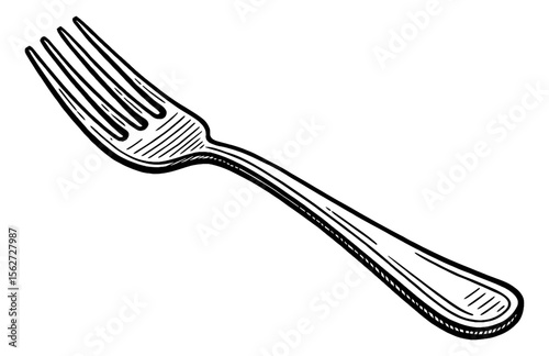 Illustration of a Metal Fork with Black Outline in White Background