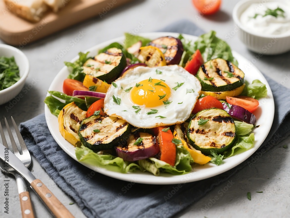 Grilled vegetable salad, poached egg and herbed yogurt Grilled vegetable salad, poached egg and herbed yogurt