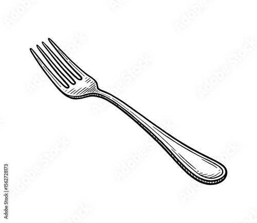 Fork utensil detailed sketch in black and white line art drawing style