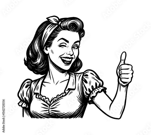Cheerful retro woman winking and giving thumbs up in detailed black and white line art