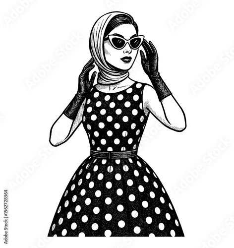 Pinup woman adjusting her sunglasses wearing a polka dot dress and a headscarf