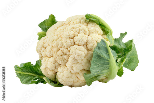Fresh cauliflower head with green leaves, perfect for healthy eating and vegetarian recipes isolated on transparent background