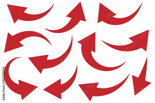 Red curved arrow set. Curved Arrows sign. Set of curved arrows isolated on white background. arrow twisted in various directions. Collection of pointers.