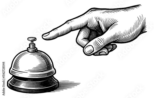 Hand Ringing Service Bell in Detailed Black and White Engraving Style Illustration