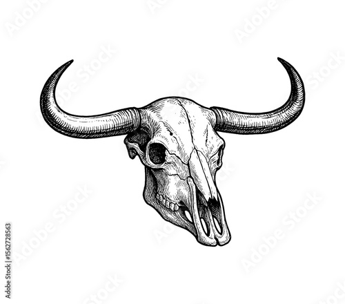 Detailed Engraving of a Skull with Horns in Black and White on a White Background