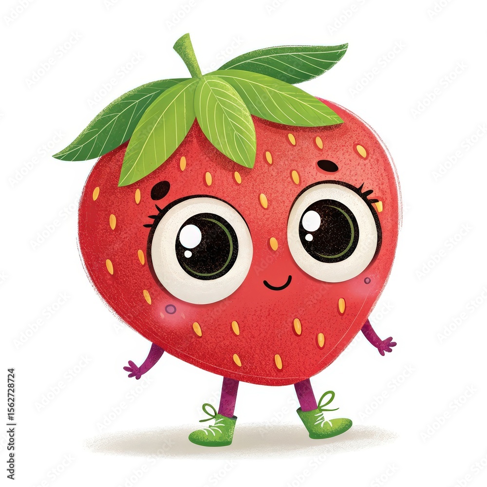 Obraz premium Cute Cartoon Strawberry Character with Big Eyes on White Background