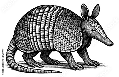 Detailed Engraving of an Armadillo Standing on White Background in Black and White