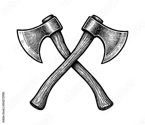 Crossed axes engraving illustration, vintage style, black and white drawing of two axes