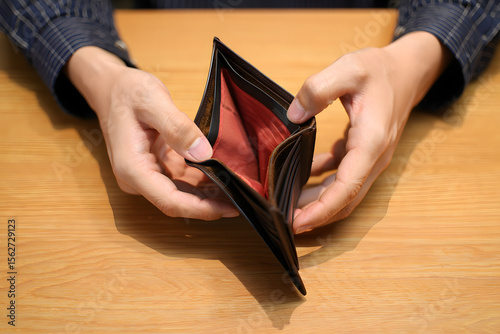 Man holding an empty wallet on wooden table, symbolizing financial crisis, poverty, or lack of money