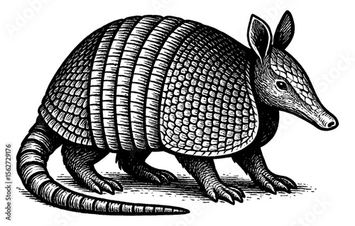 Armadillo Walking Engraving Style Black and White Illustration Isolated on White Background
