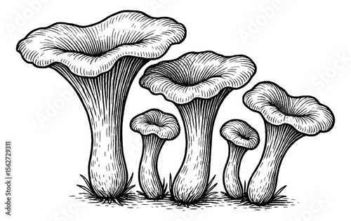 Chanterelle Mushroom Illustration in Detailed Vintage Style Black and White Drawing