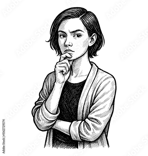 Thoughtful Woman with Hand on Chin in Detailed Black and White Line Art