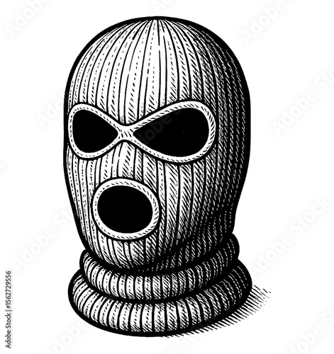 Illustration of a Bandit Mask in Black and White Engraved Style, Crime and Threat Concept
