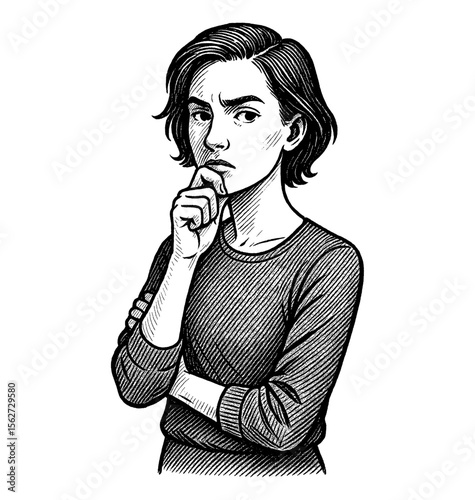 Thoughtful Woman with Hand on Chin in Black and White Engraved Illustration Style