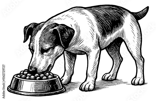 Engraved dog is eating food from a bowl in black and white illustration