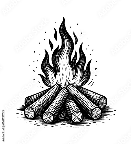 Illustration of a burning campfire with logs in engraving style, on white background