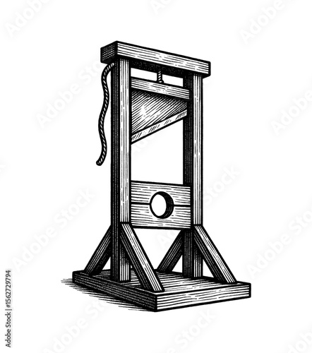 Guillotine illustration, black and white line drawing of a historical execution device