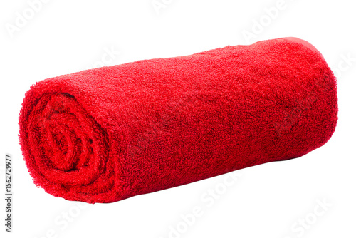 Rolled bright red terrycloth towel against a stark black backdrop, showcasing its soft texture and vibrant color isolated on transparent background