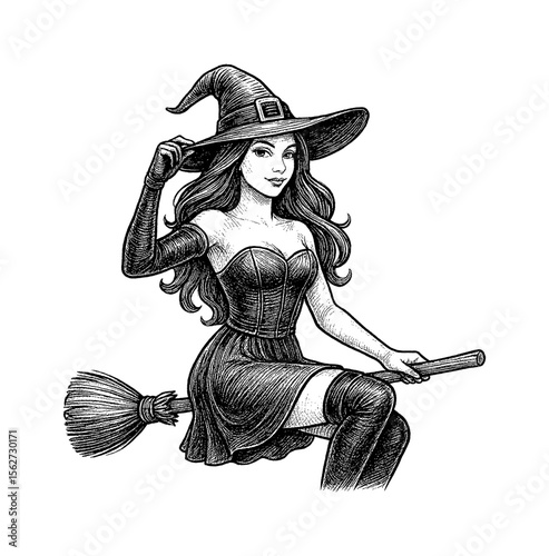 Attractive Witch Woman Riding Broomstick, Wearing Hat and Gloves with Smiling Expression in Engrave Art