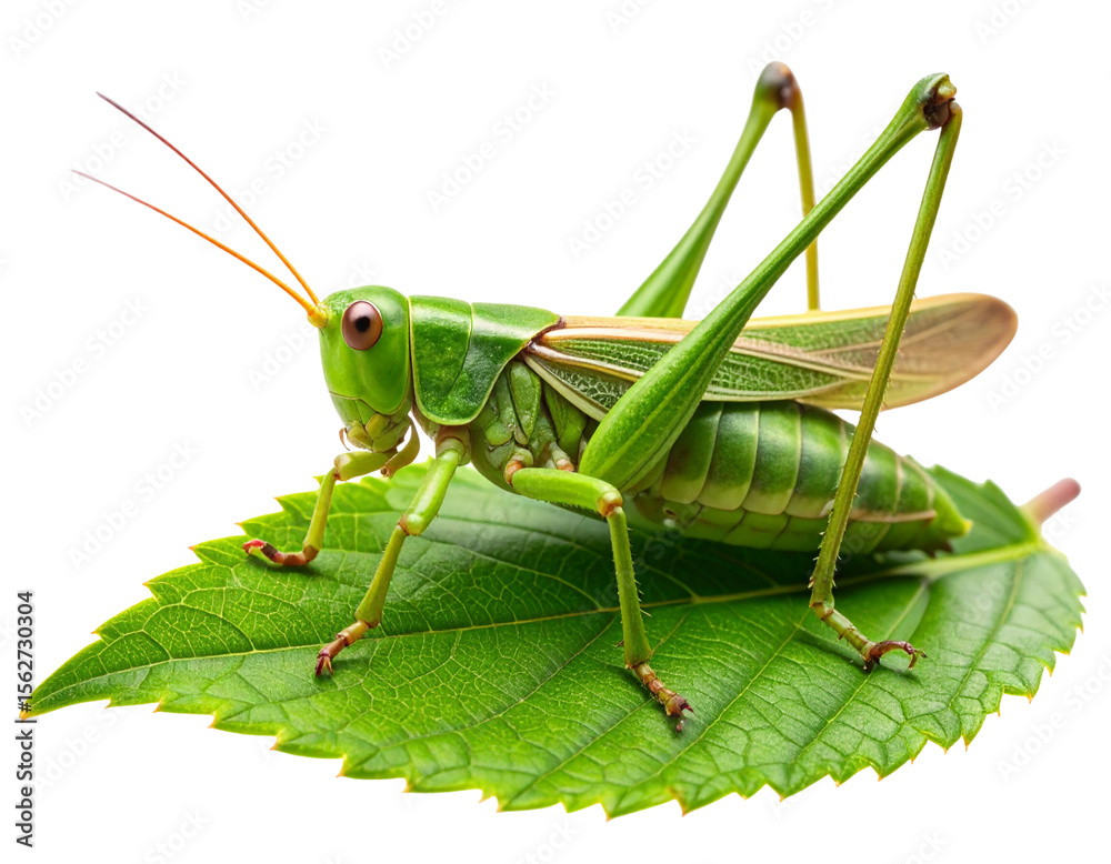 Fototapeta premium Detailed Realistic Green Grasshopper on Leaf, isolated on transparent background.