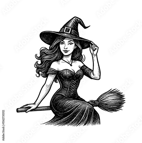 Elegant witch sitting on broom with black and white engraving art style drawing