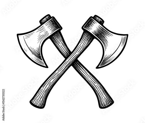 Crossed Axes Illustration in Detailed Black and White Engraved Line Art Style