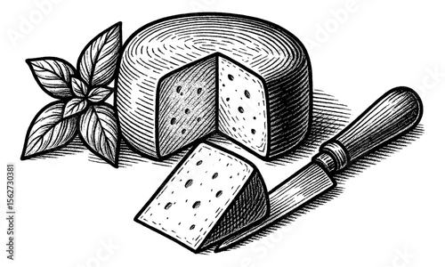 Cheese wheel piece cut with cheese knife and basil leaf in engraving style illustration