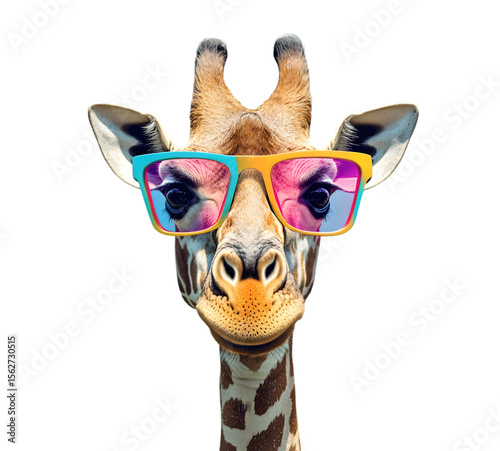 A whimsical giraffe portrait featuring vibrant colorful sunglasses against a stark black backdrop, ideal for playful designs or humorous wildlife themes, transparent background
