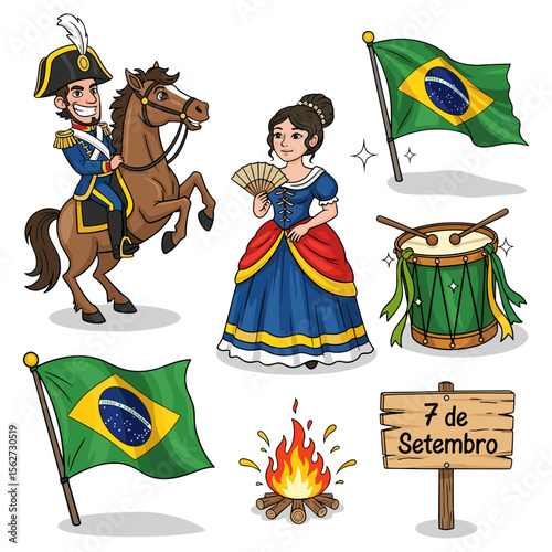 Brazilian Independence Day: Dom Pedro I on horse, lady, flags, drum, bonfire, and 7 de Setembro sign