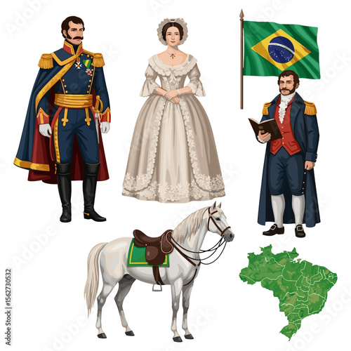 Brazilian Imperial figures, flag, horse, and map, depicting independence era