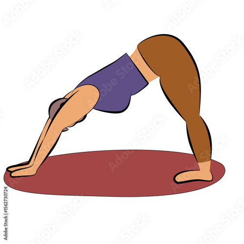 Yoga woman Downward Dog Pose, as Downward-Facing Dog or Adho Mukha Svanasana, a fundamental inversion asana in yoga. strengthens the entire body