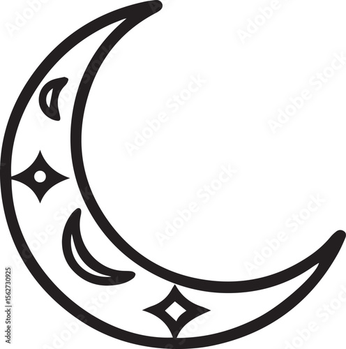 moon vector illustration, moon crescent line art, moon crescent silhouette vector icon black and white