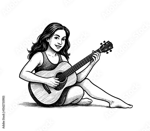 Happy Woman Playing Guitar Sitting on the Floor Engrave Style Black and White