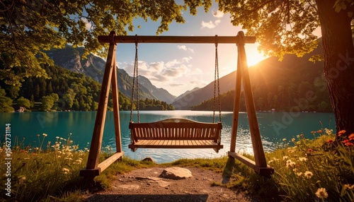 Fototapeta Naklejka Na Ścianę i Meble -  Scenic swing by tranquil lake with mountains at sunset