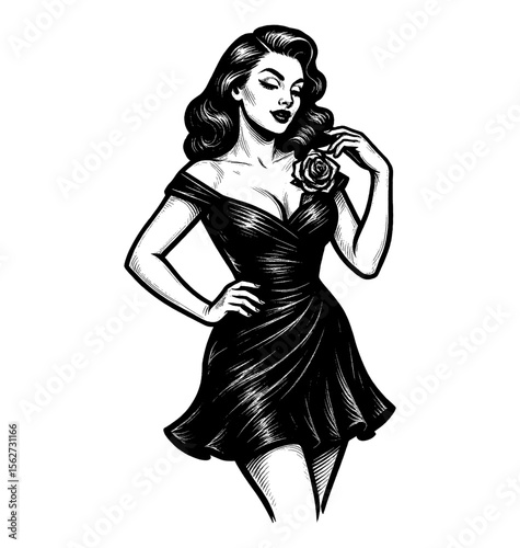 Elegant Woman in Black Dress Holding Rose, in Vintage Engraving Style on White Background