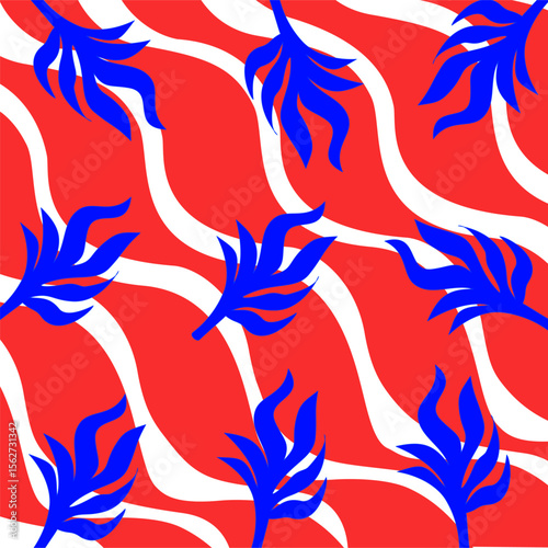 Vector drawing of leaves, free style, blue, red, waves, beauty, gift wrapping, bright wallpaper