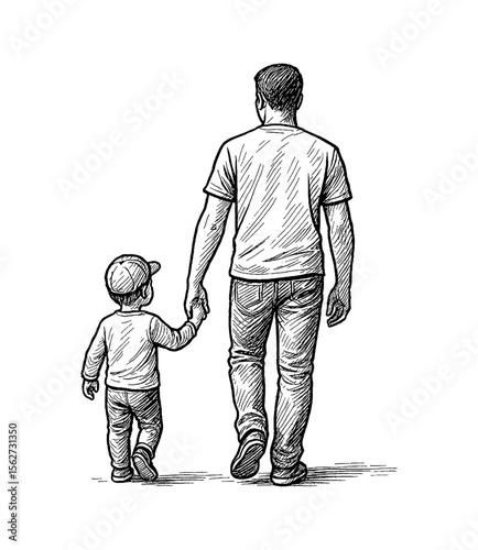 Father and Son Walking Away Holding Hands in Detailed Black and White Line Art Drawing