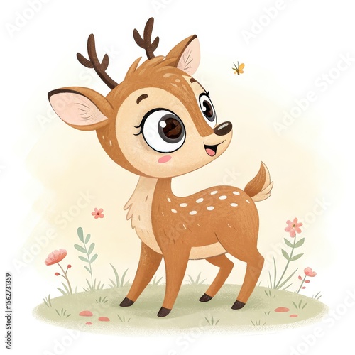 Wallpaper Mural Cute Fawn Cartoon Character with Brown Spots, Butterfly, and Flowers Torontodigital.ca
